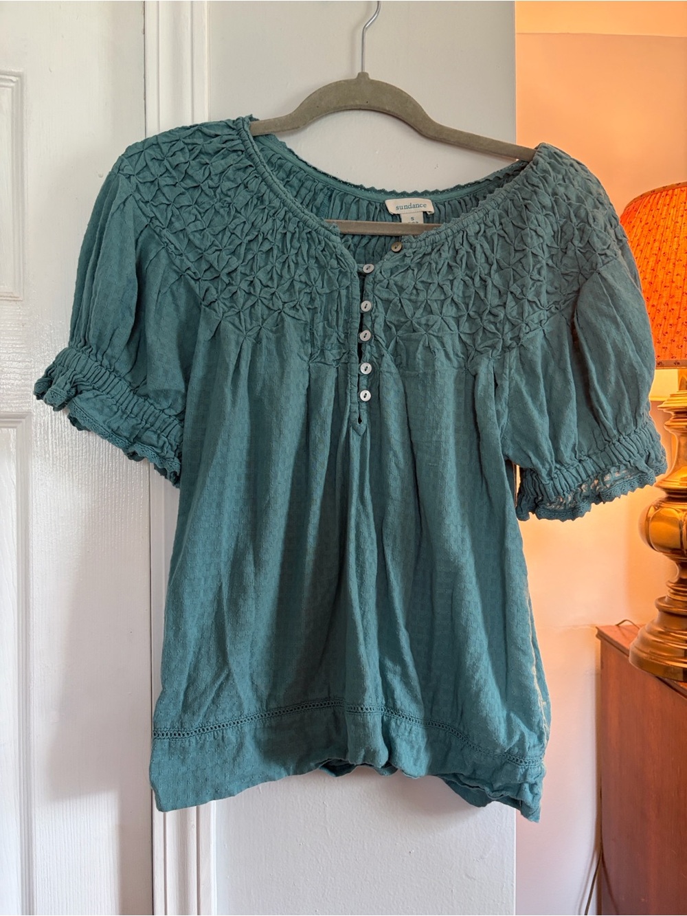 Sundance Teal Smocked Short-Sleeve Blouse - Picture 2 of 2
